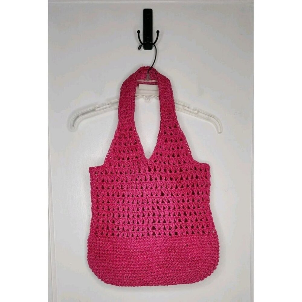Aqua Crochet Tote Bag Women's Pink Open Top Unlined Beach Vacation NWT